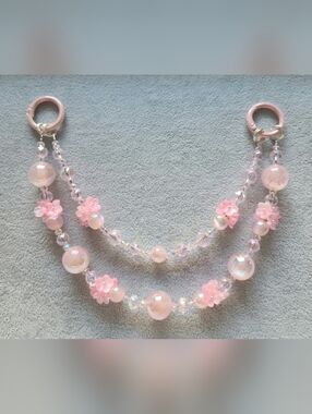 Pink Beaded Double Chain Purse Charm/ Phone Bracelet with Flower Accents